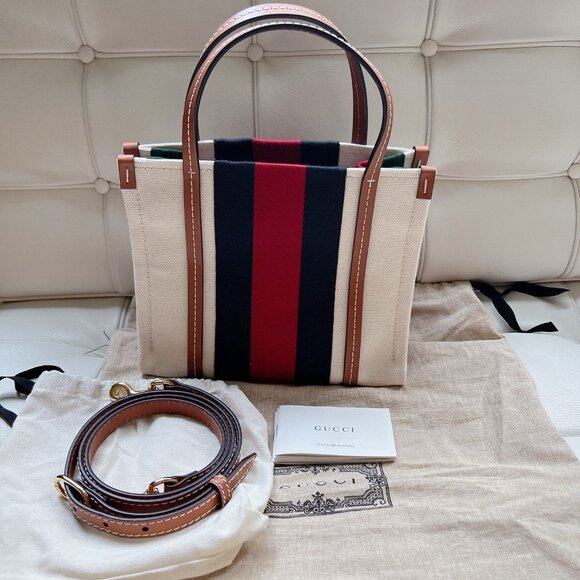 GUCCI GG Interlocking 2 Way Small Shoulder Tote Bag 727728 Canvas Beige/Blue/Red - Picture 5 of 9